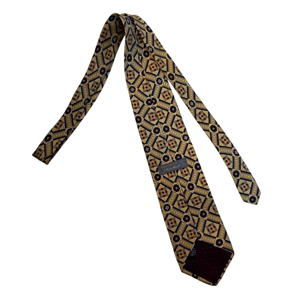 Lord &‎ Taylor Mens Silk Tie Gold Navy Blue Geometric Medallion Pattern Classic